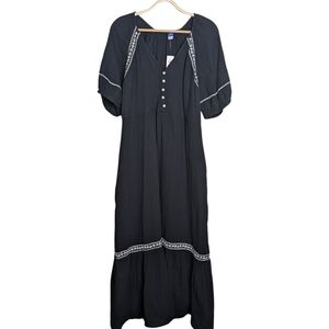 NEW Old Navy Crinkle Crepe Embroidered Maxi Swing Dress Black Peasant Boho XL